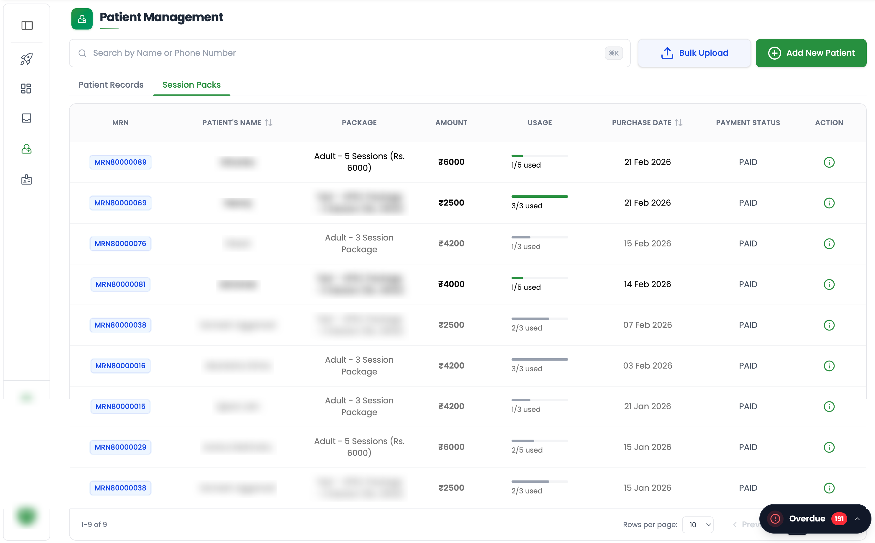 Session Packs — Staff Management View