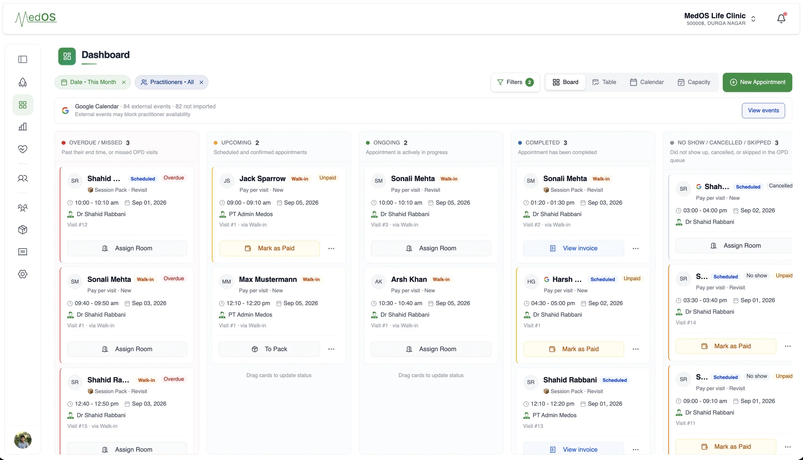 The MedOS appointment board: overdue, upcoming, ongoing, completed and no-show visits for the practice, with the Google Calendar sync notice above the columns