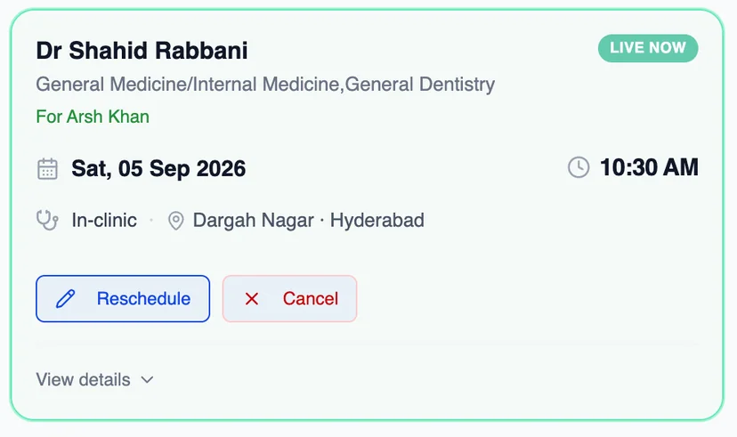 Patient portal: the live appointment with Dr Shahid Rabbani, Saturday 05 Sep 2026 at 10:30 AM, in clinic, with reschedule and cancel