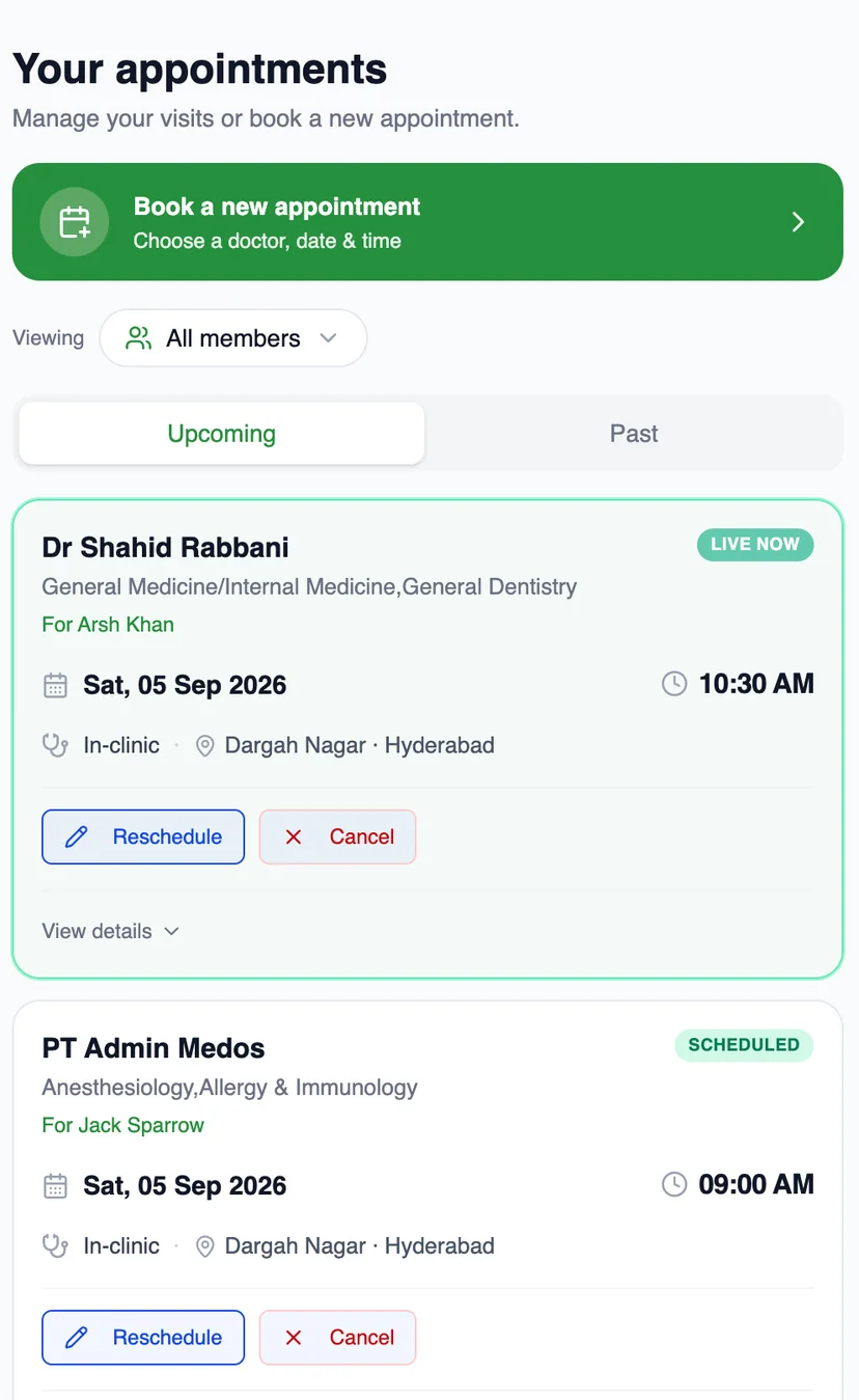 MedOS patient portal: your appointments, with a visit that is live now
