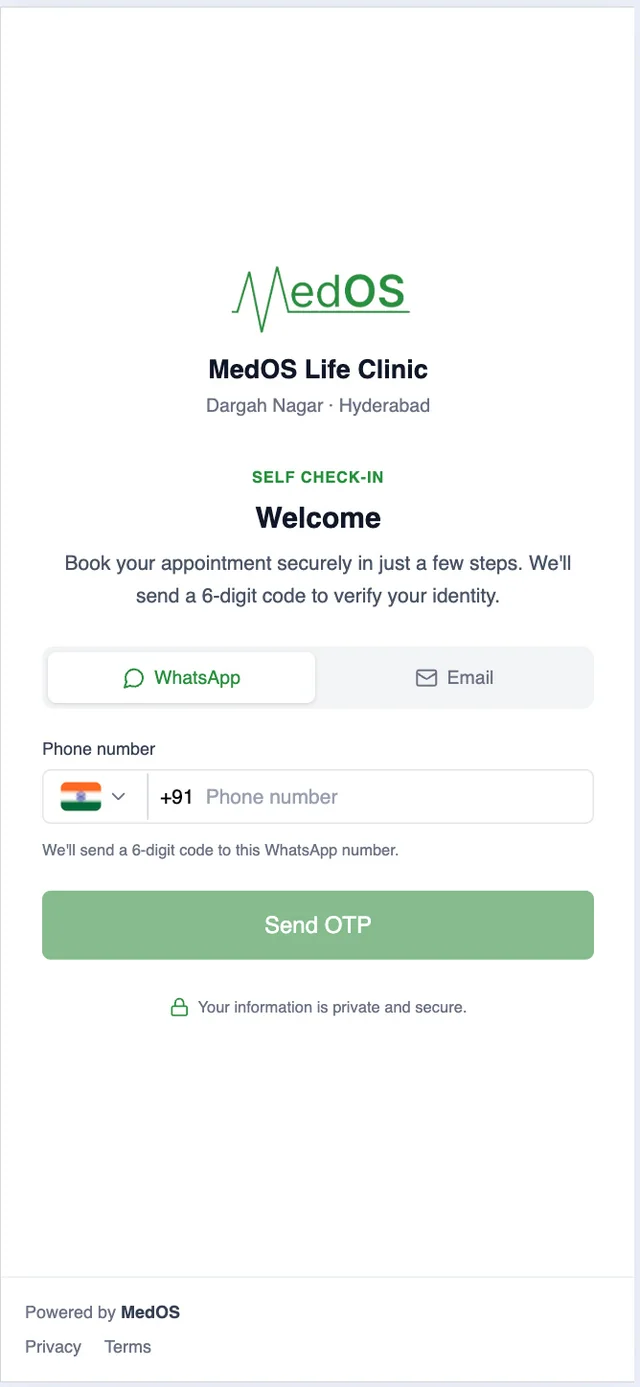 MedOS self check-in for MedOS Life Clinic: choose WhatsApp or email and enter a phone number to receive a six-digit code