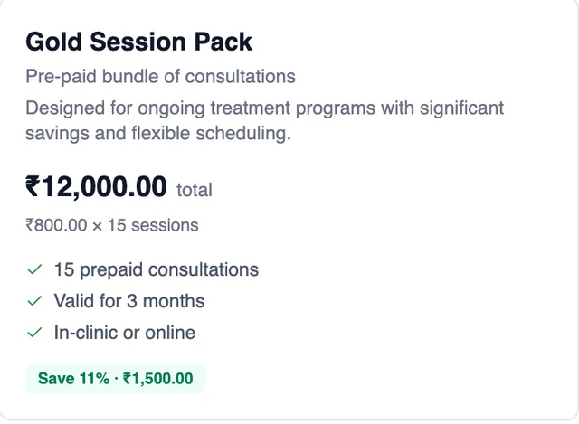 Gold Session Pack: ₹12,000 total for 15 prepaid consultations, valid for 3 months, in-clinic or online, saving 11%